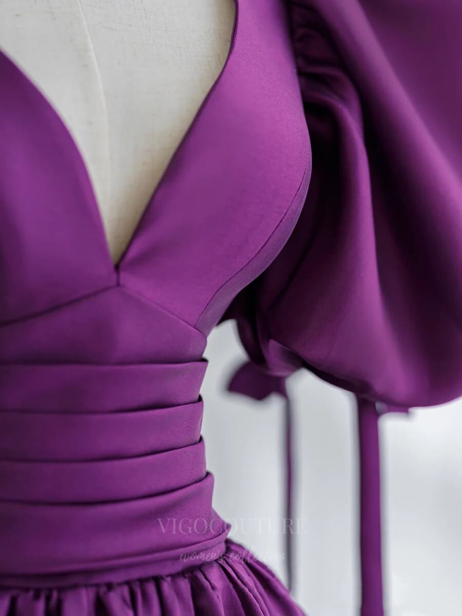 Prom Dress 2025 Purple Puffed Sleeve Plunging V-Neck Prom Dress 20682-unique elegant Prom Dresses-Purple-US2-vigocouture