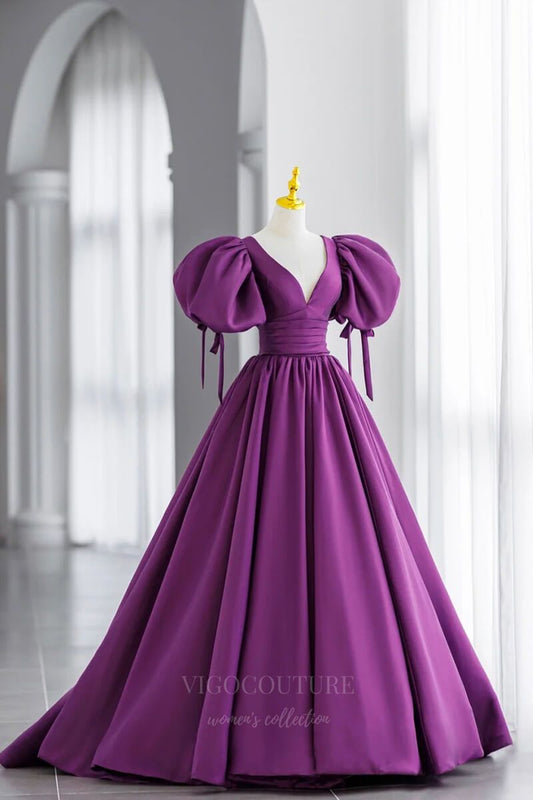 Prom Dress 2025 Purple Puffed Sleeve Plunging V-Neck Prom Dress 20682-unique elegant Prom Dresses-Purple-US2-vigocouture