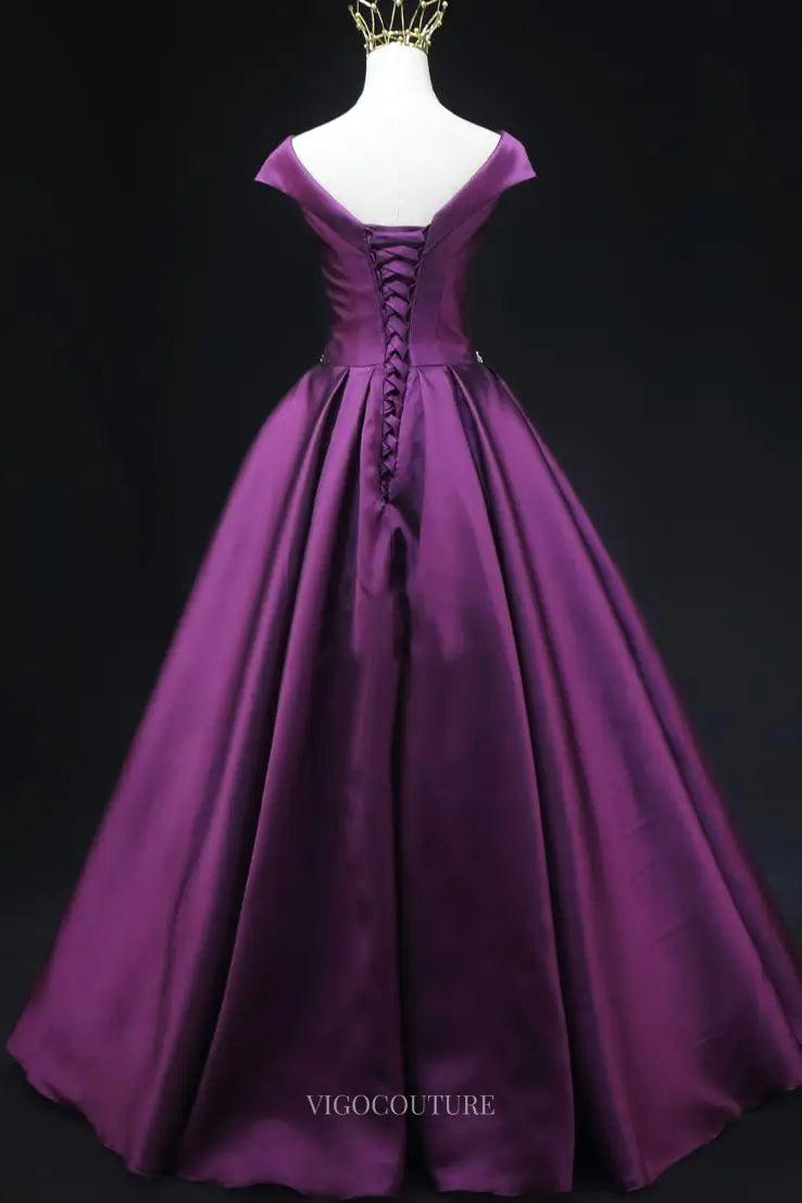 Purple Satin Prom Dresses Off the Shoulder Formal Gown SU016 vigocouture Purple Satin Prom Dresses Off the Shoulder Formal Gown SU016 vigocouture