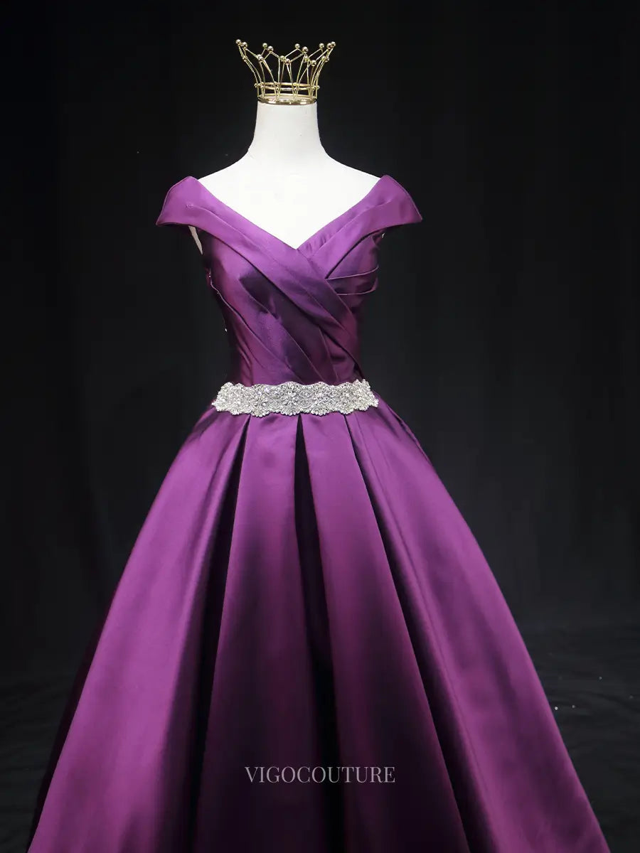 Prom Dresses 2025 to impress Purple Satin Prom Dresses Off the Shoulder Formal Gown SU016-vigocouture-vigocouture