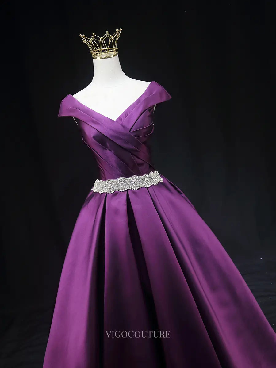 Prom Dresses 2025 to impress Purple Satin Prom Dresses Off the Shoulder Formal Gown SU016-vigocouture-vigocouture