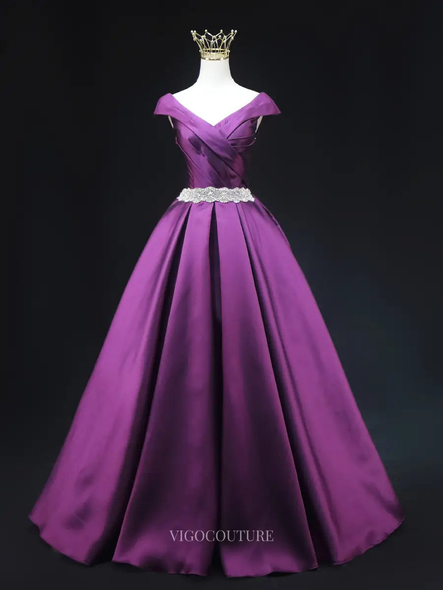 Prom Dresses 2025 to impress Purple Satin Prom Dresses Off the Shoulder Formal Gown SU016-vigocouture-Purple-Custom Size-vigocouture