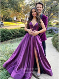 Prom Dress 2025 Purple Satin Prom Dresses with Slit Spaghetti Strap Formal Gown 22022-unique elegant Prom Dresses-Purple-Custom Size-vigocouture