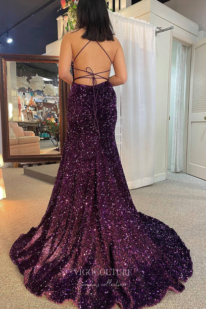 Purple Sequin Mermaid Prom Dresses with Spaghetti Straps & High Slit Purple Sequin Mermaid Prom Dresses with Spaghetti Straps & High Slit