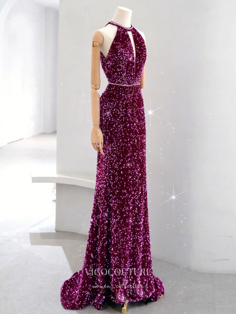 Prom Dress 2025 Purple Sequin Prom Dresses Mermaid Halter Neck Evening Dress 22054-unique elegant Prom Dresses-Purple-Custom Size-vigocouture