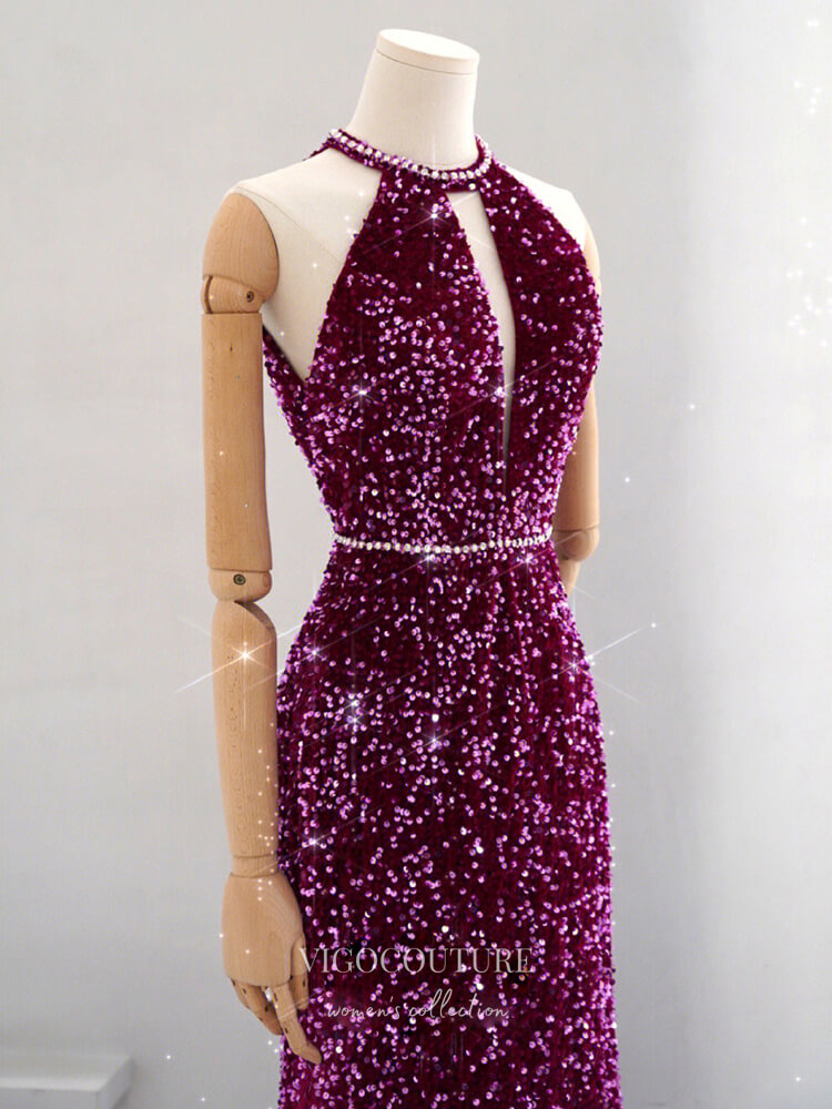 Prom Dress 2025 Purple Sequin Prom Dresses Mermaid Halter Neck Evening Dress 22054-unique elegant Prom Dresses-Purple-Custom Size-vigocouture