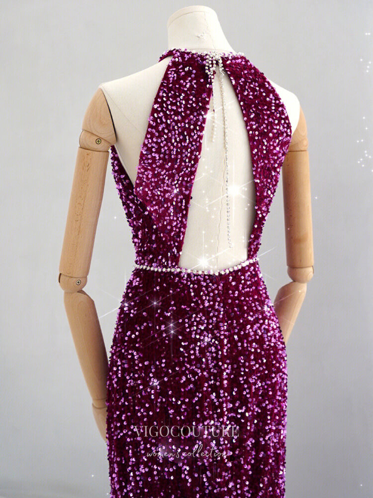 Purple Sequin Prom Dresses Mermaid Halter Neck Evening Dress 22054 Purple / US8 Purple Sequin Prom Dresses Mermaid Halter Neck Evening Dress 22054 Purple / US8