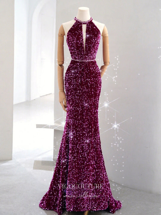 Prom Dress 2025 Purple Sequin Prom Dresses Mermaid Halter Neck Evening Dress 22054-unique elegant Prom Dresses-Purple-Custom Size-vigocouture