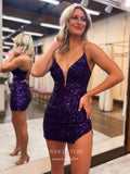 Purple Sequin Spaghetti Strap Homecoming Dresses Sweetheart Cheap Bodycon Dress hc456