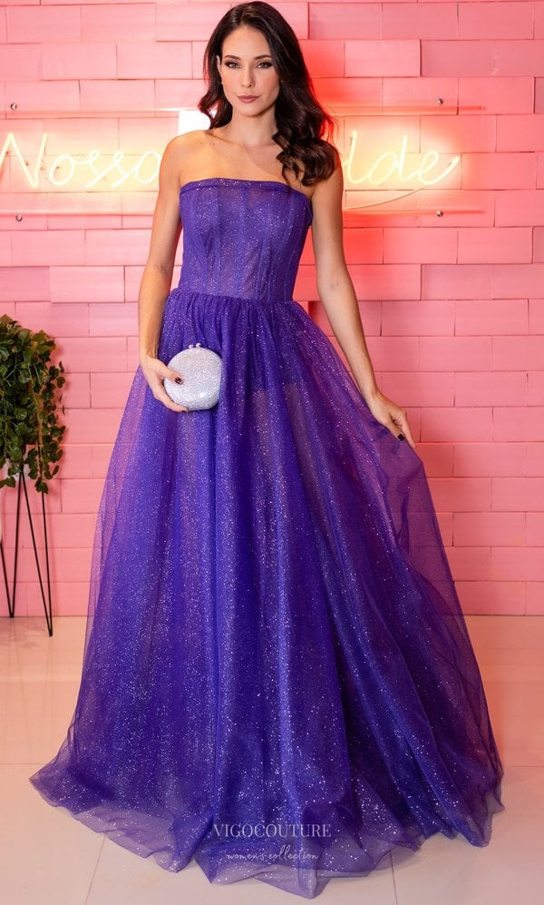 Prom Dress 2025 Purple Sparkly Tulle Prom Dresses with Bow-Tie Strapless Evening Dress 24007-unique elegant Prom Dresses-Purple-Custom Size-vigocouture