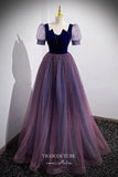 Purple Sparkly Tulle Puffed Sleeve Formal Dress A-Line Prom Dresses 21661