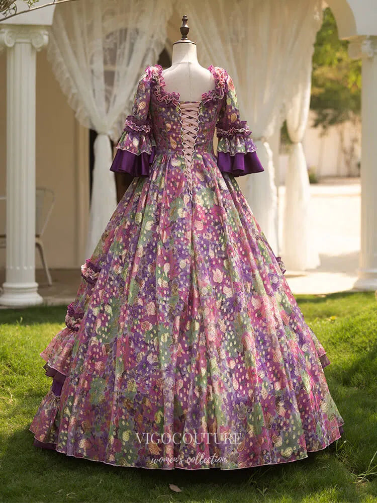 Purple Tiered Ruffled Floral Print Princess Dress Puffed Sleeve Vintag – vigocouture Purple Tiered Ruffled Floral Print Princess Dress Puffed Sleeve Vintag – vigocouture