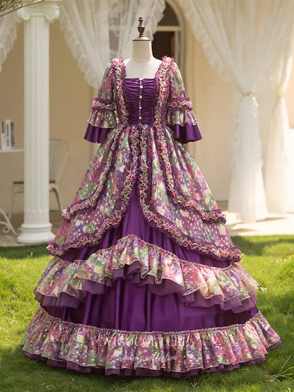 Purple Tiered Ruffled Floral Print Princess Dress Puffed Sleeve Vintag – vigocouture Purple Tiered Ruffled Floral Print Princess Dress Puffed Sleeve Vintag – vigocouture