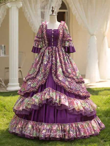 Purple Tiered Ruffled Floral Print Princess Dress Puffed Sleeve Vintag –  vigocouture