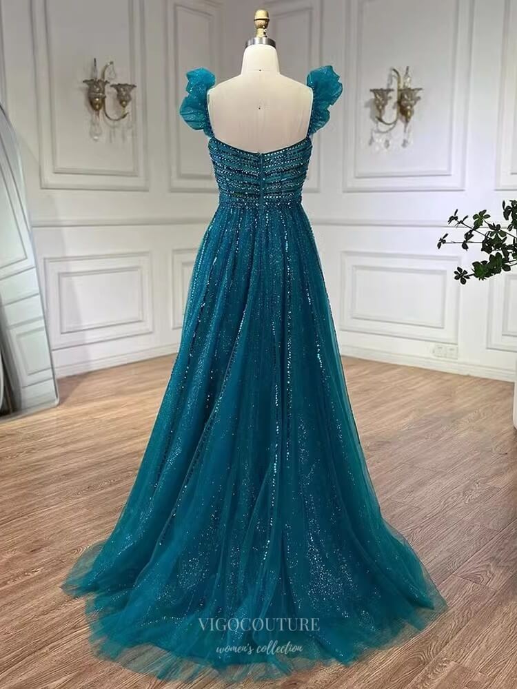 Prom Dress 2025 Radiant Beaded Spaghetti Strap Prom Dresses Sparkly Tulle Pageant Dress 25007-unique elegant Prom Dresses-Blue-US2-vigocouture