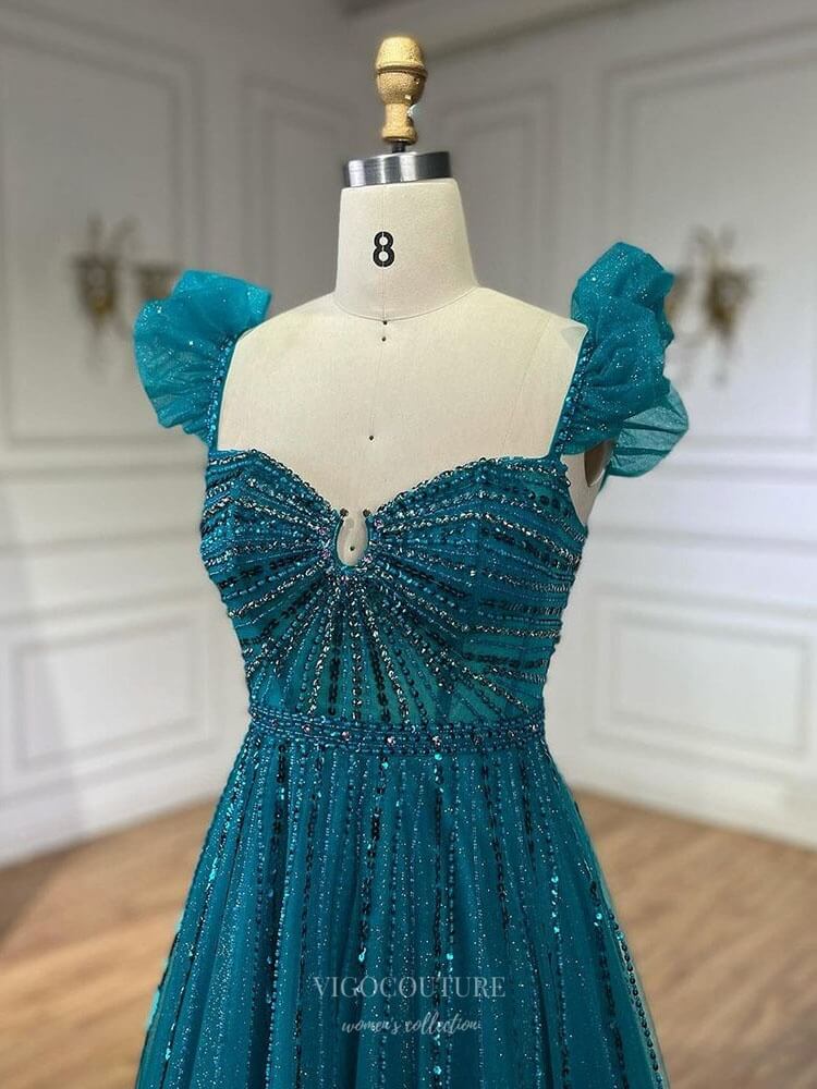 Prom Dress 2025 Radiant Beaded Spaghetti Strap Prom Dresses Sparkly Tulle Pageant Dress 25007-unique elegant Prom Dresses-Blue-US2-vigocouture