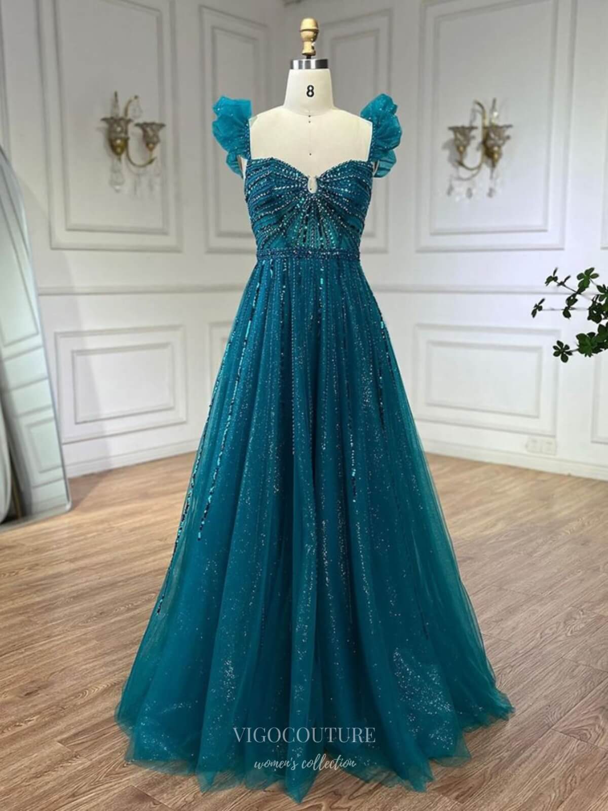 Prom Dress 2025 Radiant Beaded Spaghetti Strap Prom Dresses Sparkly Tulle Pageant Dress 25007-unique elegant Prom Dresses-Blue-US2-vigocouture