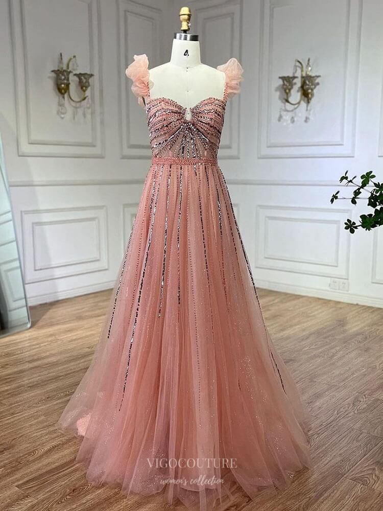 Prom Dress 2025 Radiant Beaded Spaghetti Strap Prom Dresses Sparkly Tulle Pageant Dress 25007-unique elegant Prom Dresses-Pink-US2-vigocouture