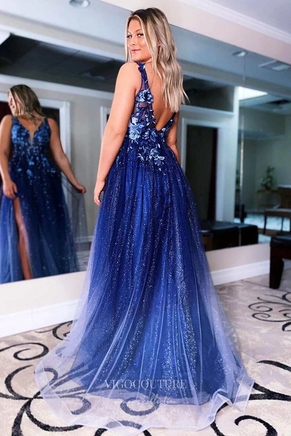 Prom Dress 2025 Radiant Blue Lace Applique Prom Dress with Sparkling Tulle Skirt and Thigh-High Slit 22218-unique elegant Prom Dresses-Blue-US2-vigocouture