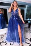 Prom Dress 2025 Radiant Blue Lace Applique Prom Dress with Sparkling Tulle Skirt and Thigh-High Slit 22218-unique elegant Prom Dresses-Blue-US2-vigocouture