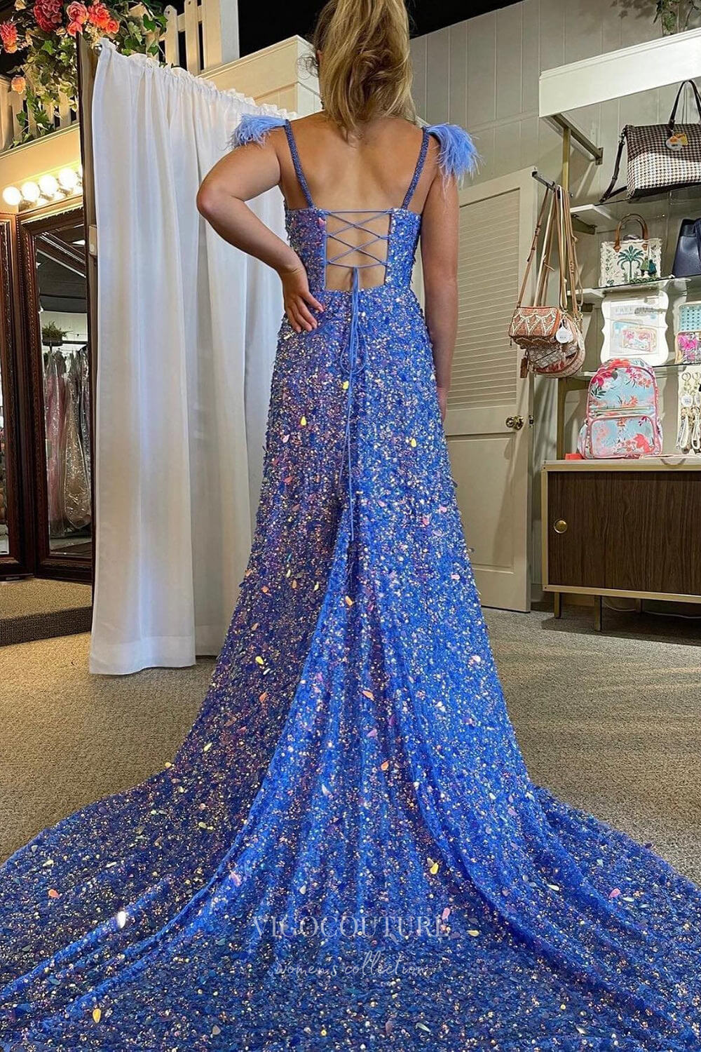 Prom Dress 2025 Radiant Blue Sequin Mermaid Prom Dress with Spaghetti Strap and High Slit 22232-unique elegant Prom Dresses-Blue-Custom Size-vigocouture