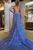 Prom Dress 2025 Radiant Blue Sequin Mermaid Prom Dress with Spaghetti Strap and High Slit 22232-unique elegant Prom Dresses-Blue-Custom Size-vigocouture