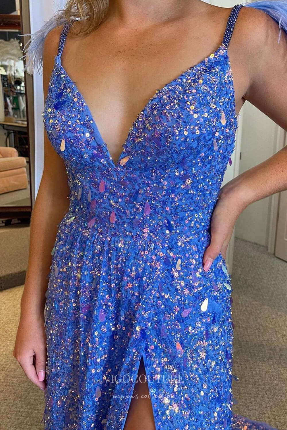 Prom Dress 2025 Radiant Blue Sequin Mermaid Prom Dress with Spaghetti Strap and High Slit 22232-unique elegant Prom Dresses-Blue-Custom Size-vigocouture