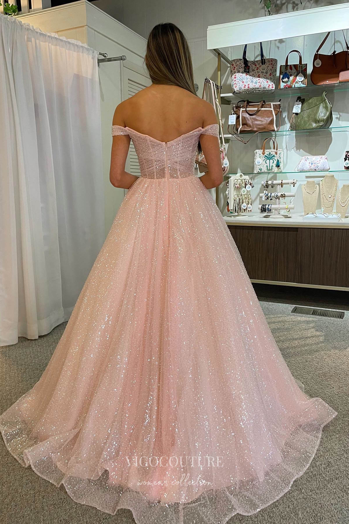 Prom Dress 2025 Radiant Blush Sparkly Tulle Off-Shoulder Prom Dress with Elegant Pleated Bodice 22214-unique elegant Prom Dresses-Blush-Custom Size-vigocouture