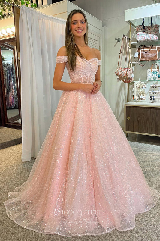 Prom Dress 2025 Radiant Blush Sparkly Tulle Off-Shoulder Prom Dress with Elegant Pleated Bodice 22214-unique elegant Prom Dresses-Blush-Custom Size-vigocouture