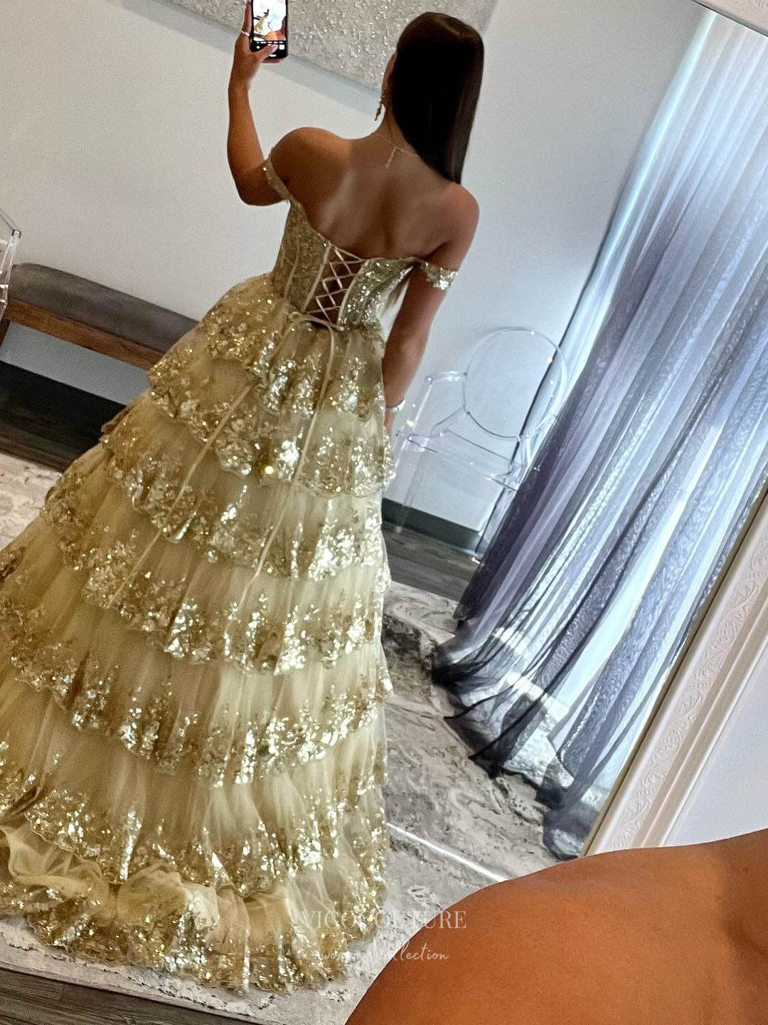 Prom Dress 2025 Radiant Gold Sequin Lace Prom Dresses Ruffled Off the Shoulder Evening Dress 24050-unique elegant Prom Dresses-Gold-Custom Size-vigocouture