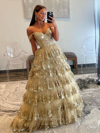 Radiant Gold Sequin Lace Prom Dresses Ruffled Off the Shoulder Evening Dress 24050 Custom Colors / US14 Radiant Gold Sequin Lace Prom Dresses Ruffled Off the Shoulder Evening Dress 24050 Custom Colors / US14