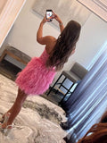 Short Prom Dresses 2025 Radiant Lace Applique Homecoming Dress with Feathers Strapless Graduation Dress hc214-Prom Dresses-vigocouture-vigocouture