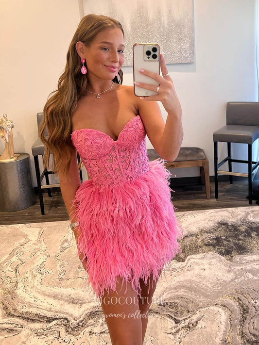 Short Prom Dresses 2025 Radiant Lace Applique Homecoming Dress with Feathers Strapless Graduation Dress hc214-Prom Dresses-vigocouture-Pink-US0-vigocouture