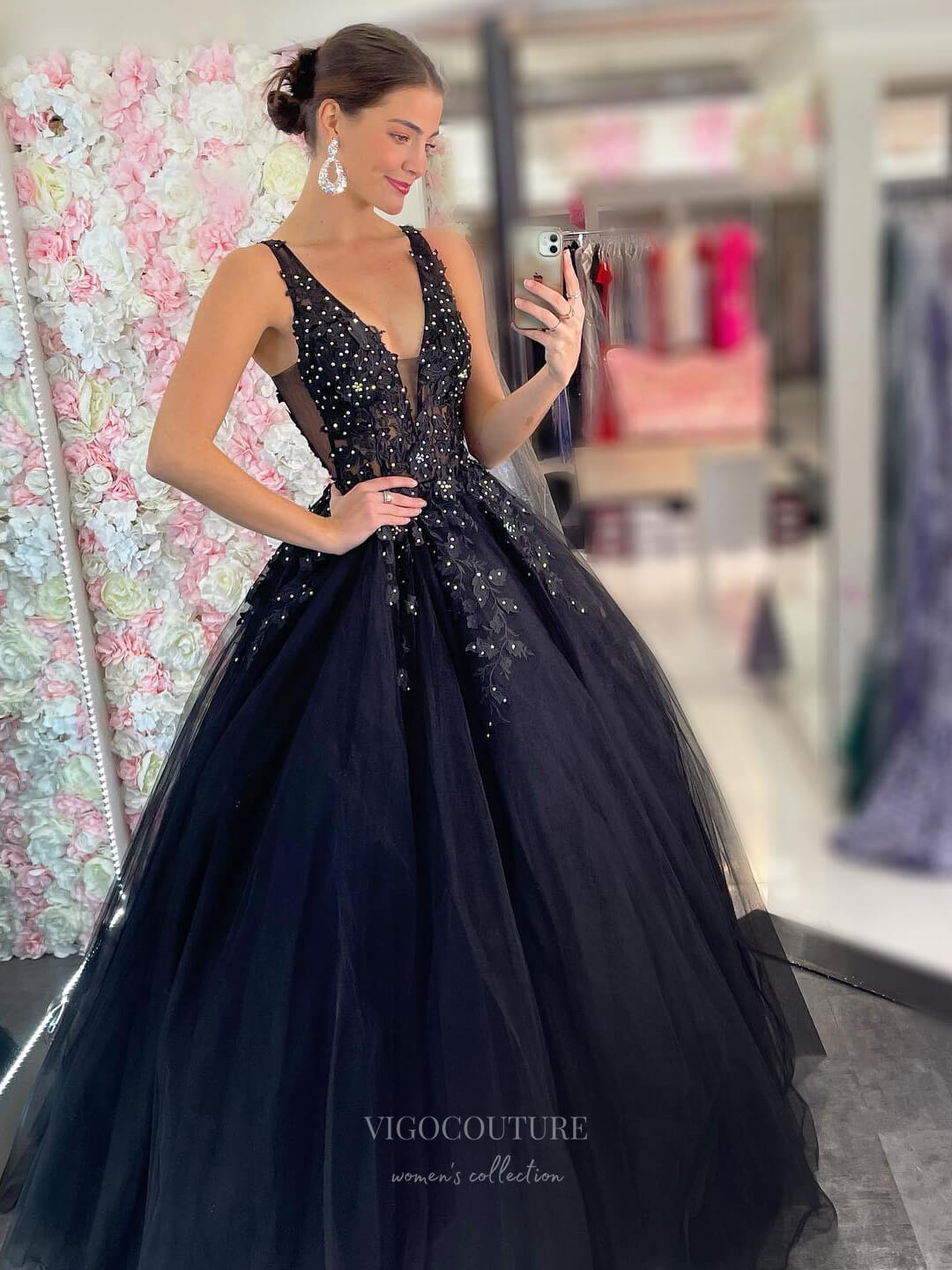 Prom Dress 2025 Radiant Lace Applique Tulle Prom Dresses Sheer Bodice V-Neck 24327-unique elegant Prom Dresses-Black-Custom Size-vigocouture