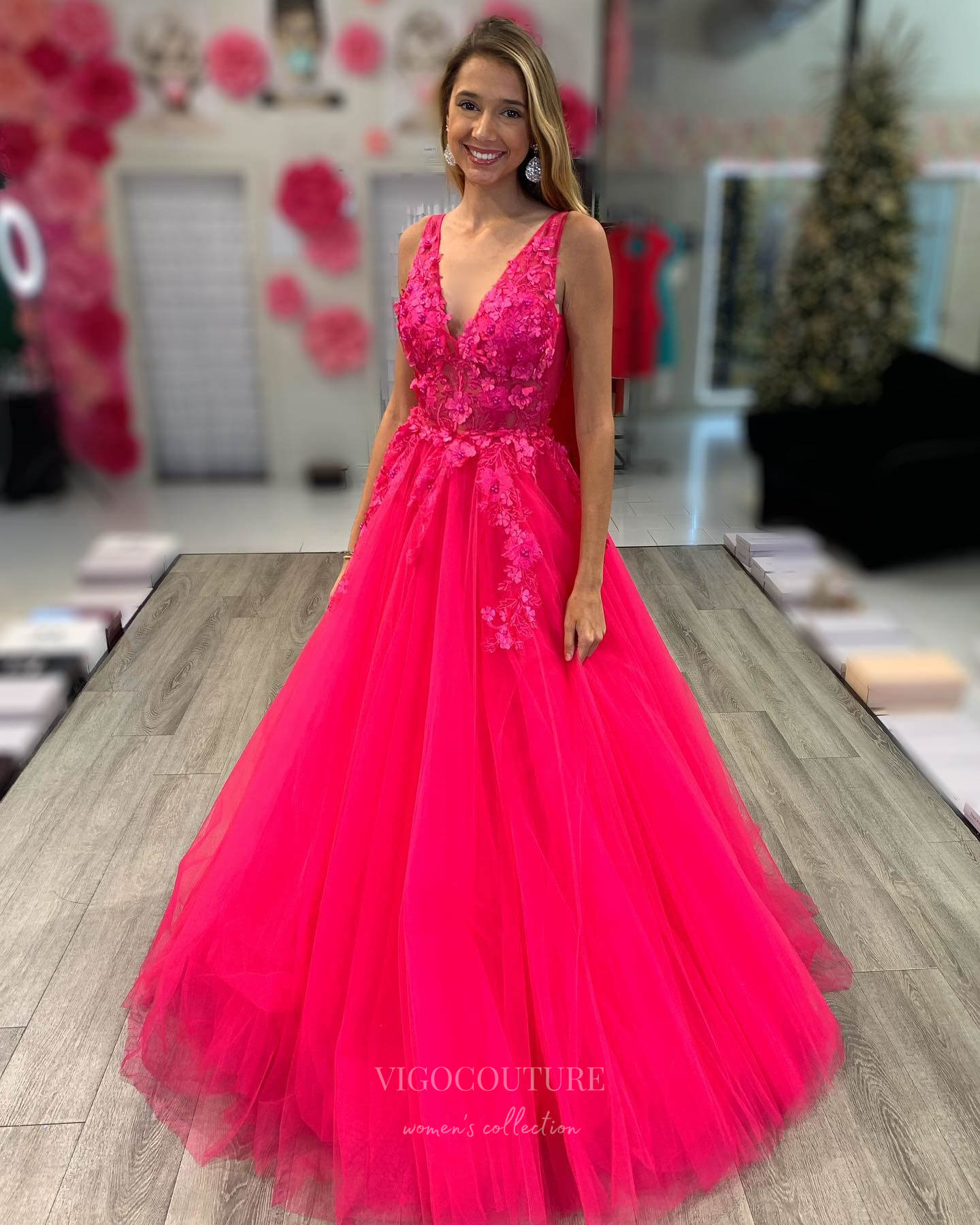 Prom Dress 2025 Radiant Lace Applique Tulle Prom Dresses Sheer Bodice V-Neck 24327-unique elegant Prom Dresses-Hot Pink-Custom Size-vigocouture