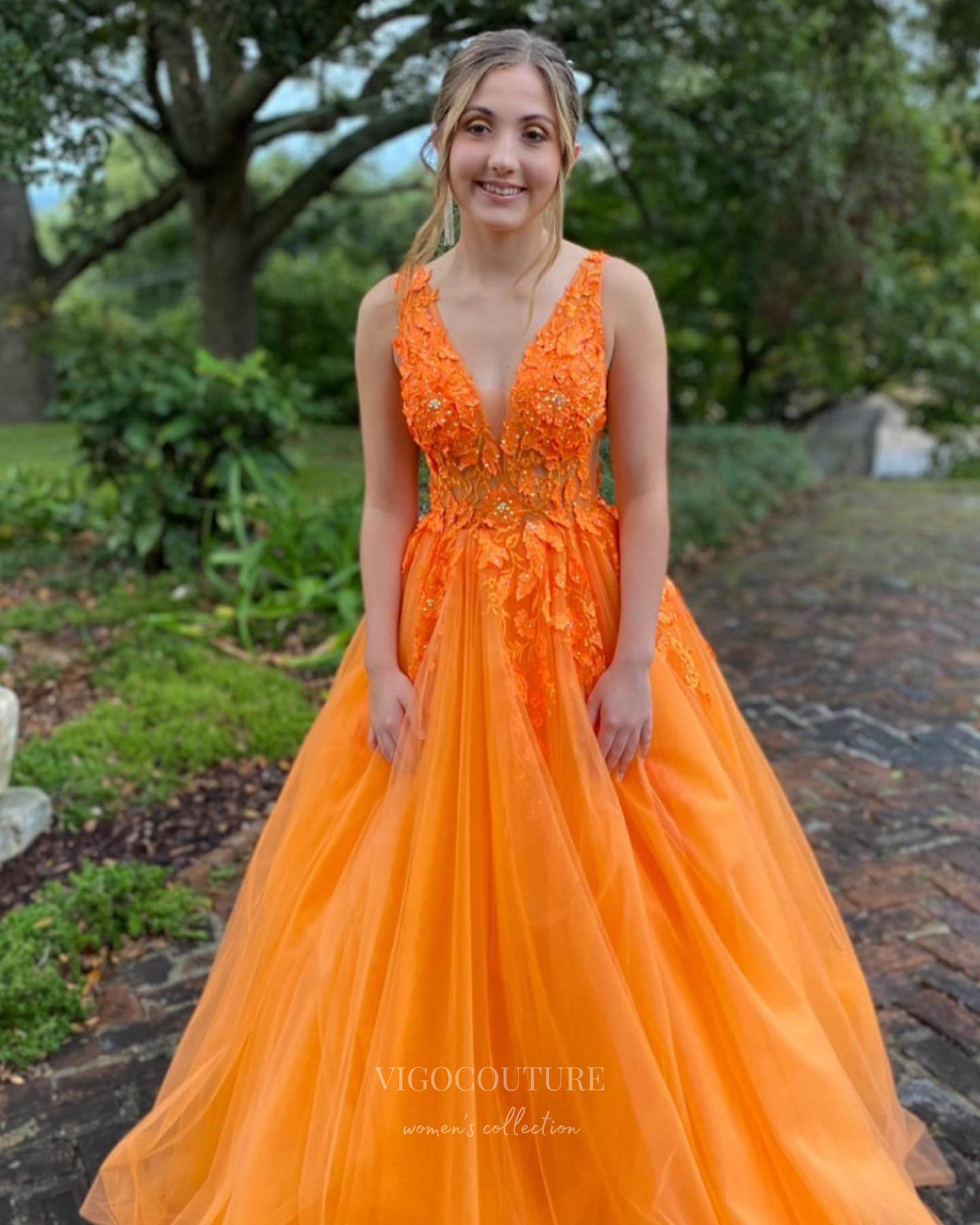 Prom Dress 2025 Radiant Lace Applique Tulle Prom Dresses Sheer Bodice V-Neck 24327-unique elegant Prom Dresses-Orange-Custom Size-vigocouture