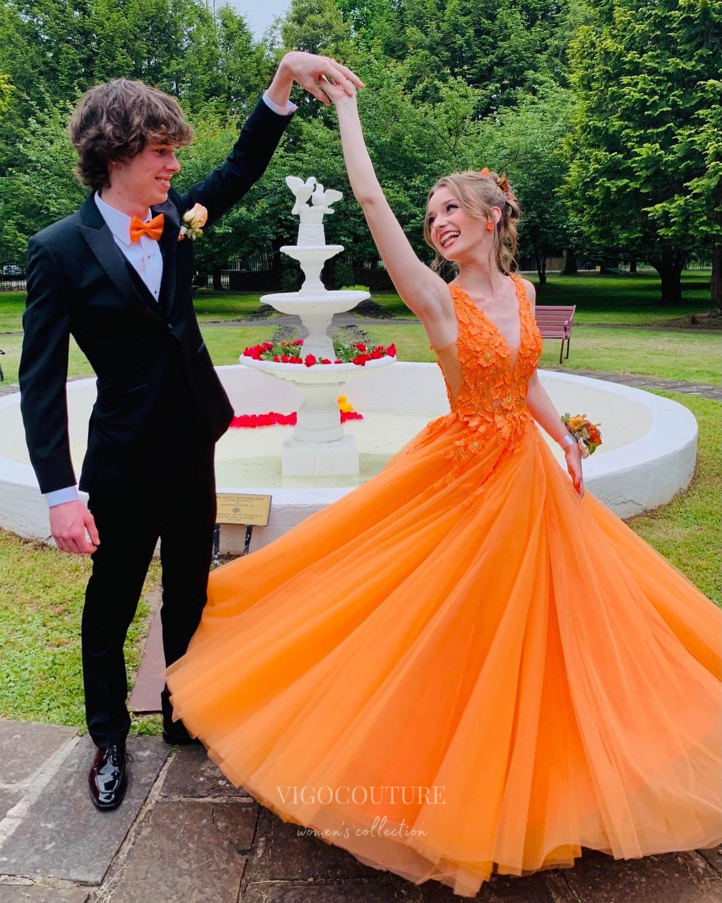 Prom Dress 2025 Radiant Lace Applique Tulle Prom Dresses Sheer Bodice V-Neck 24327-unique elegant Prom Dresses-Orange-Custom Size-vigocouture