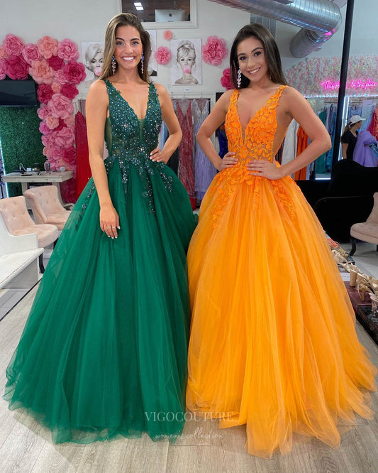 Prom Dress 2025 Radiant Lace Applique Tulle Prom Dresses Sheer Bodice V-Neck 24327-unique elegant Prom Dresses-Orange-Custom Size-vigocouture