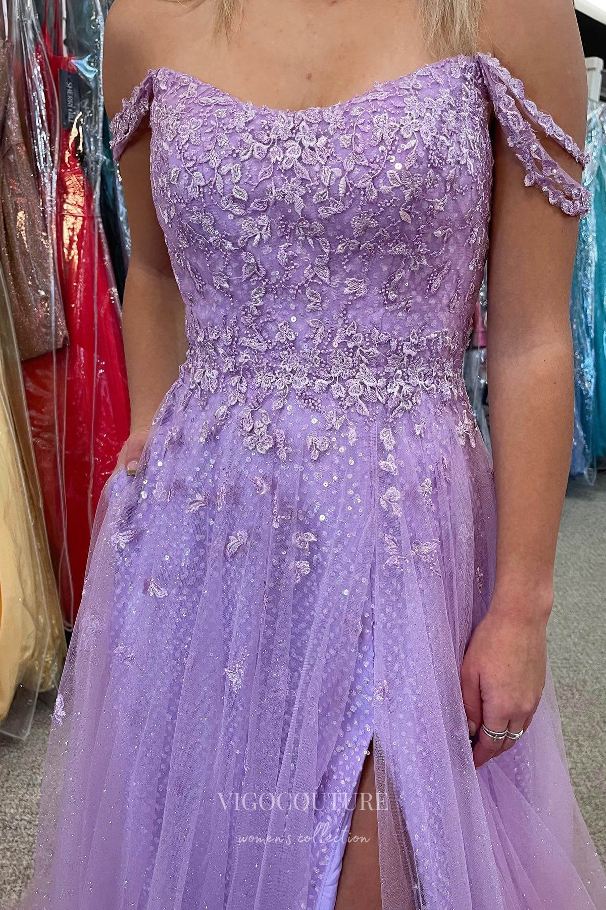 Prom Dress 2025 Radiant Lavender Off-Shoulder Lace Applique Prom Dress with Sparkling Tulle Skirt and Thigh-High Slit 22201-unique elegant Prom Dresses-Lavender-US2-vigocouture