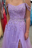 Prom Dress 2025 Radiant Lavender Off-Shoulder Lace Applique Prom Dress with Sparkling Tulle Skirt and Thigh-High Slit 22201-unique elegant Prom Dresses-Lavender-US2-vigocouture