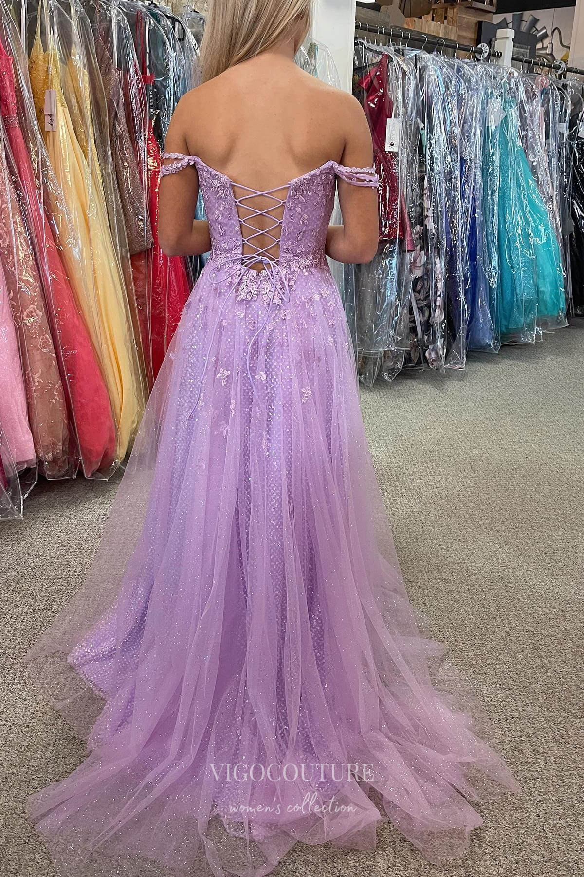 Prom Dress 2025 Radiant Lavender Off-Shoulder Lace Applique Prom Dress with Sparkling Tulle Skirt and Thigh-High Slit 22201-unique elegant Prom Dresses-Lavender-US2-vigocouture