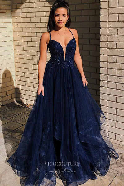 Radiant Navy Blue Sequin Bodice Ruffled Tulle Bottom Prom Dress with Plunging V-Neck and Spaghetti Strap 22216 Custom Colors / US2