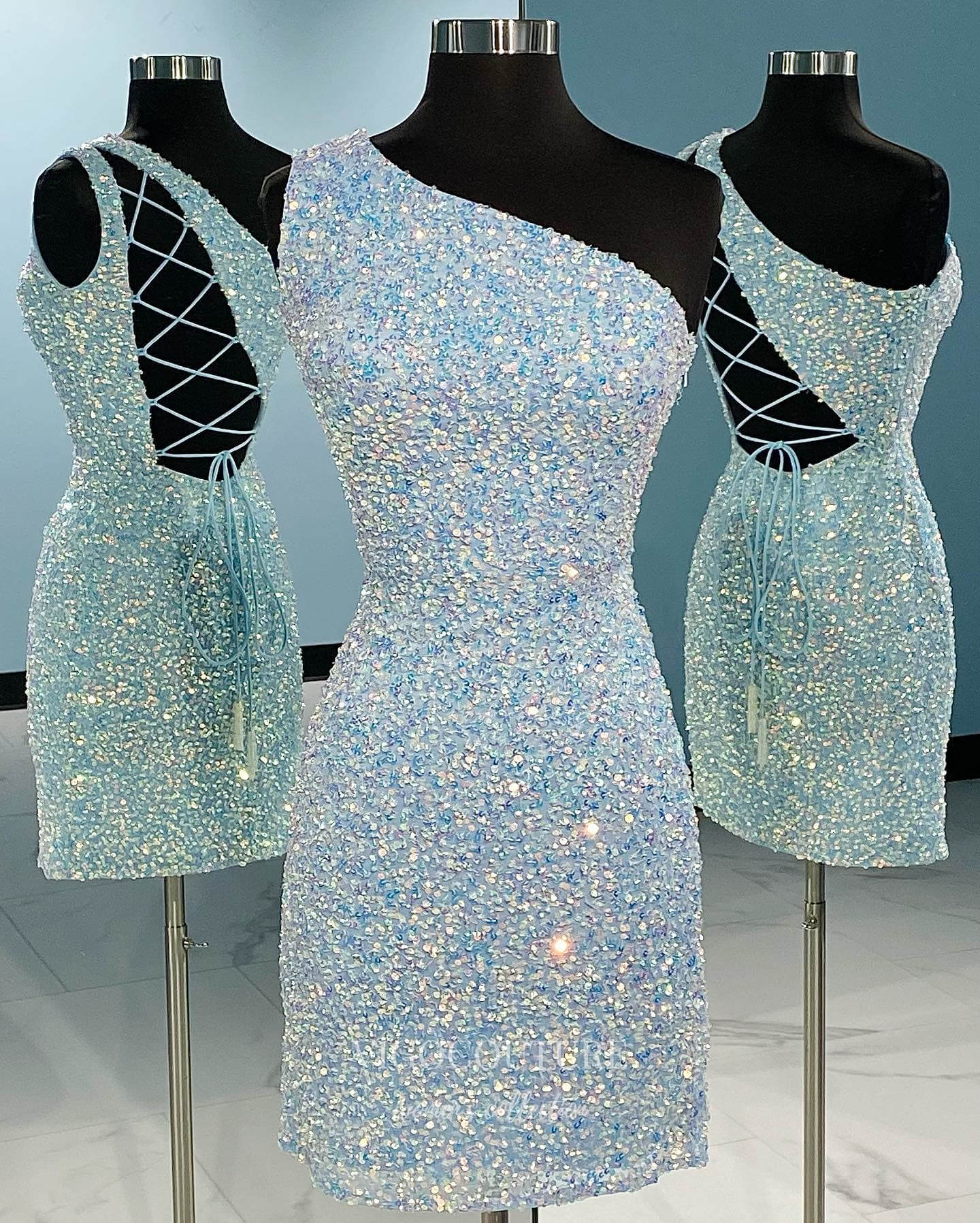 Short Prom Dresses 2025 Radiant One Shoulder Hoco Dress Sequin Bodycon Dress hc281-Prom Dresses-vigocouture-Light Blue-US0-vigocouture