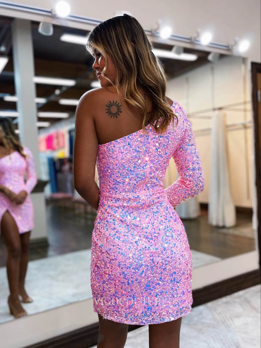 Short Prom Dresses 2025 Radiant One Shoulder Hoco Dress Sequin Bodycon Dress with Slit hc270-Prom Dresses-vigocouture-vigocouture