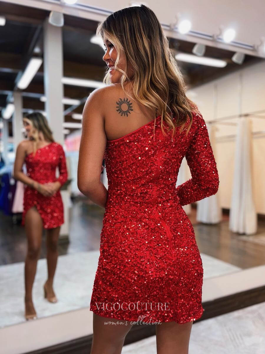 Short Prom Dresses 2025 Radiant One Shoulder Hoco Dress Sequin Bodycon Dress with Slit hc270-Prom Dresses-vigocouture-vigocouture