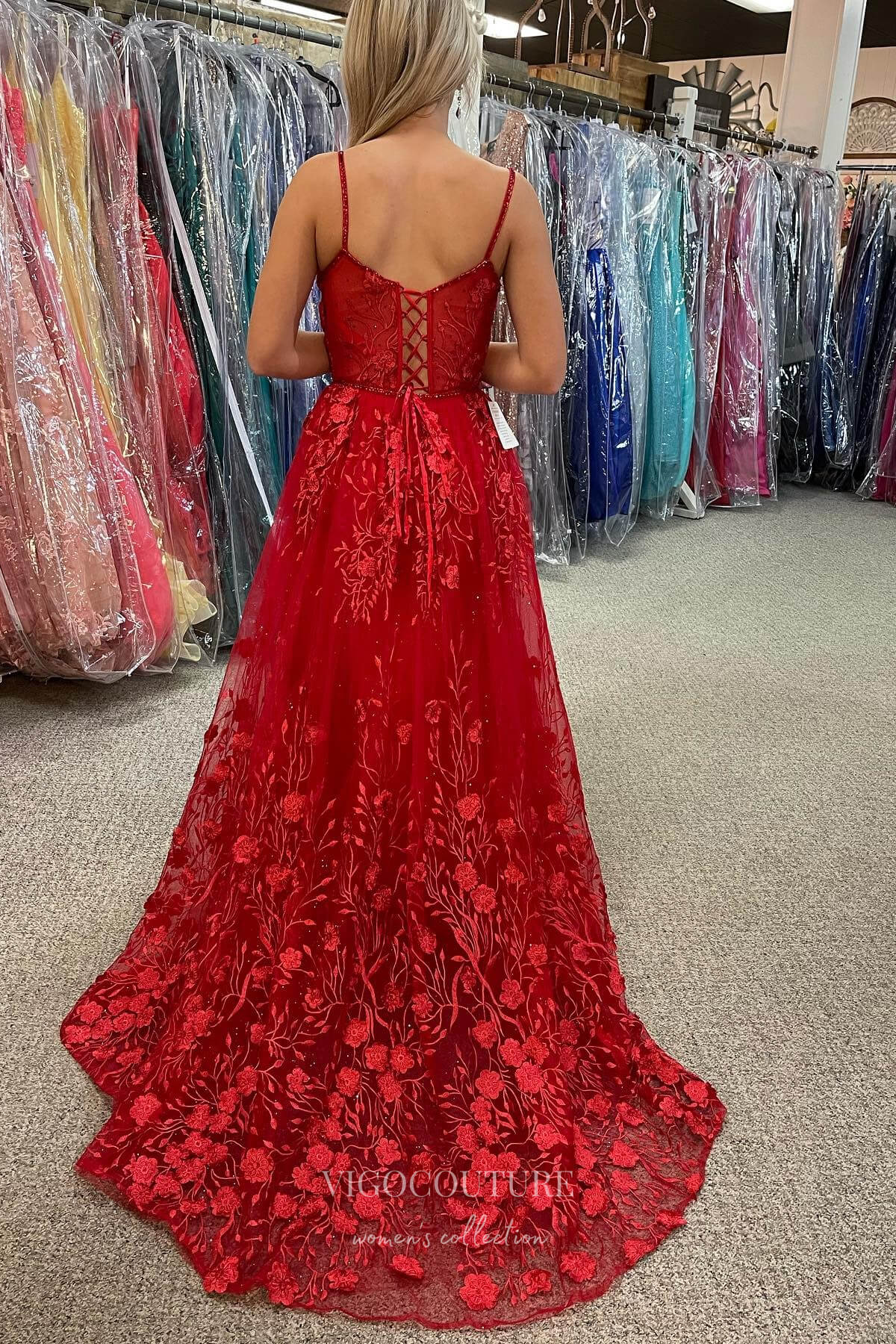 Radiant Red Lace Applique Sparkly Tulle Prom Dress with Spaghetti Straps and V-Neckline 22202