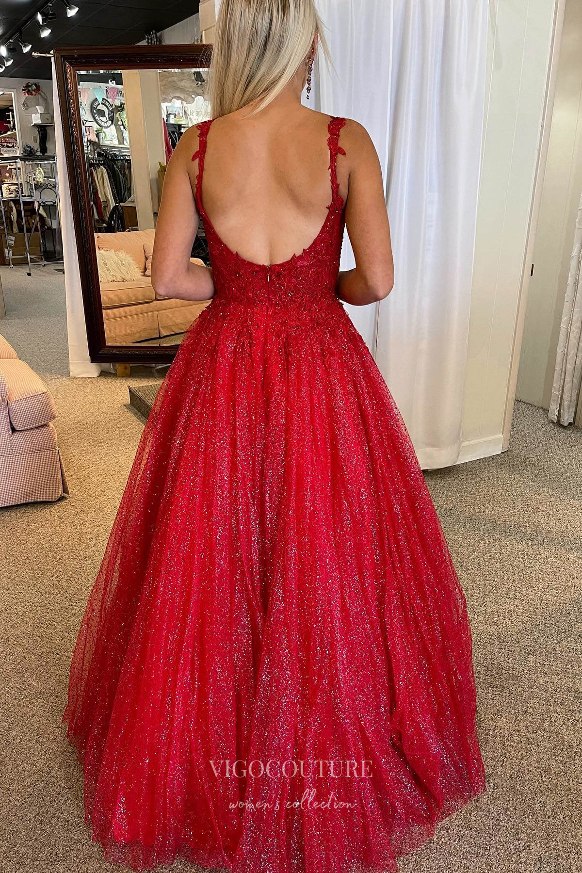 Prom Dress 2025 Radiant Red Sparkly Tulle Prom Dress with Lace Applique Bodice and Spaghetti Strap 22199-unique elegant Prom Dresses-Red-Custom Size-vigocouture