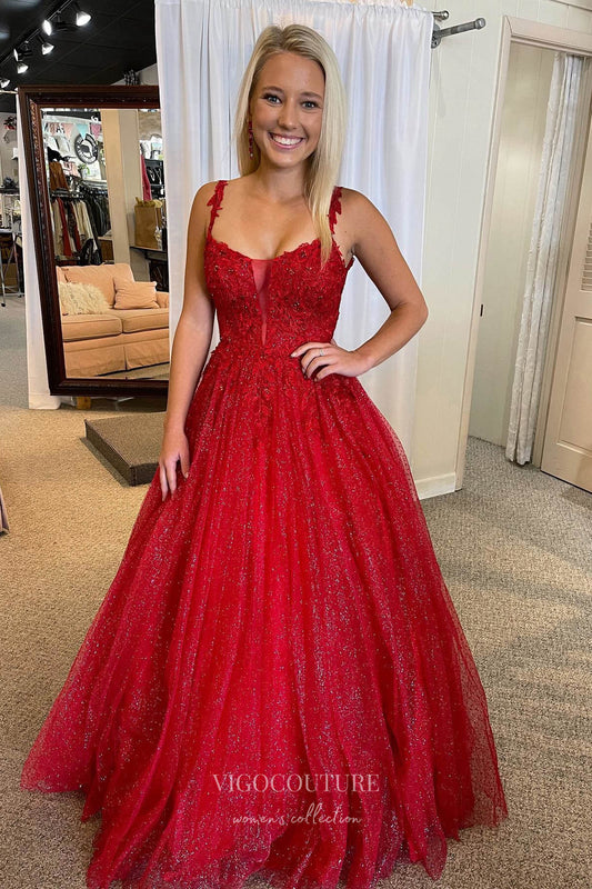 Prom Dress 2025 Radiant Red Sparkly Tulle Prom Dress with Lace Applique Bodice and Spaghetti Strap 22199-unique elegant Prom Dresses-Red-Custom Size-vigocouture