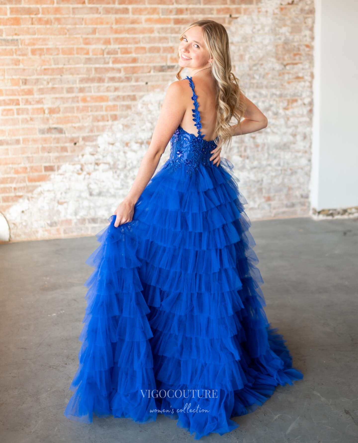 Prom Dress 2025 Radiant Ruffled Prom Dresses Lace Applique V-Neck Evening Dress 24021-unique elegant Prom Dresses-Blue-Custom Size-vigocouture