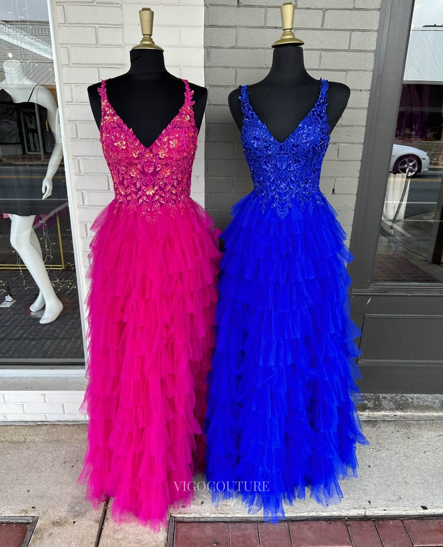 Prom Dress 2025 Radiant Ruffled Prom Dresses Lace Applique V-Neck Evening Dress 24021-unique elegant Prom Dresses-Blue-Custom Size-vigocouture